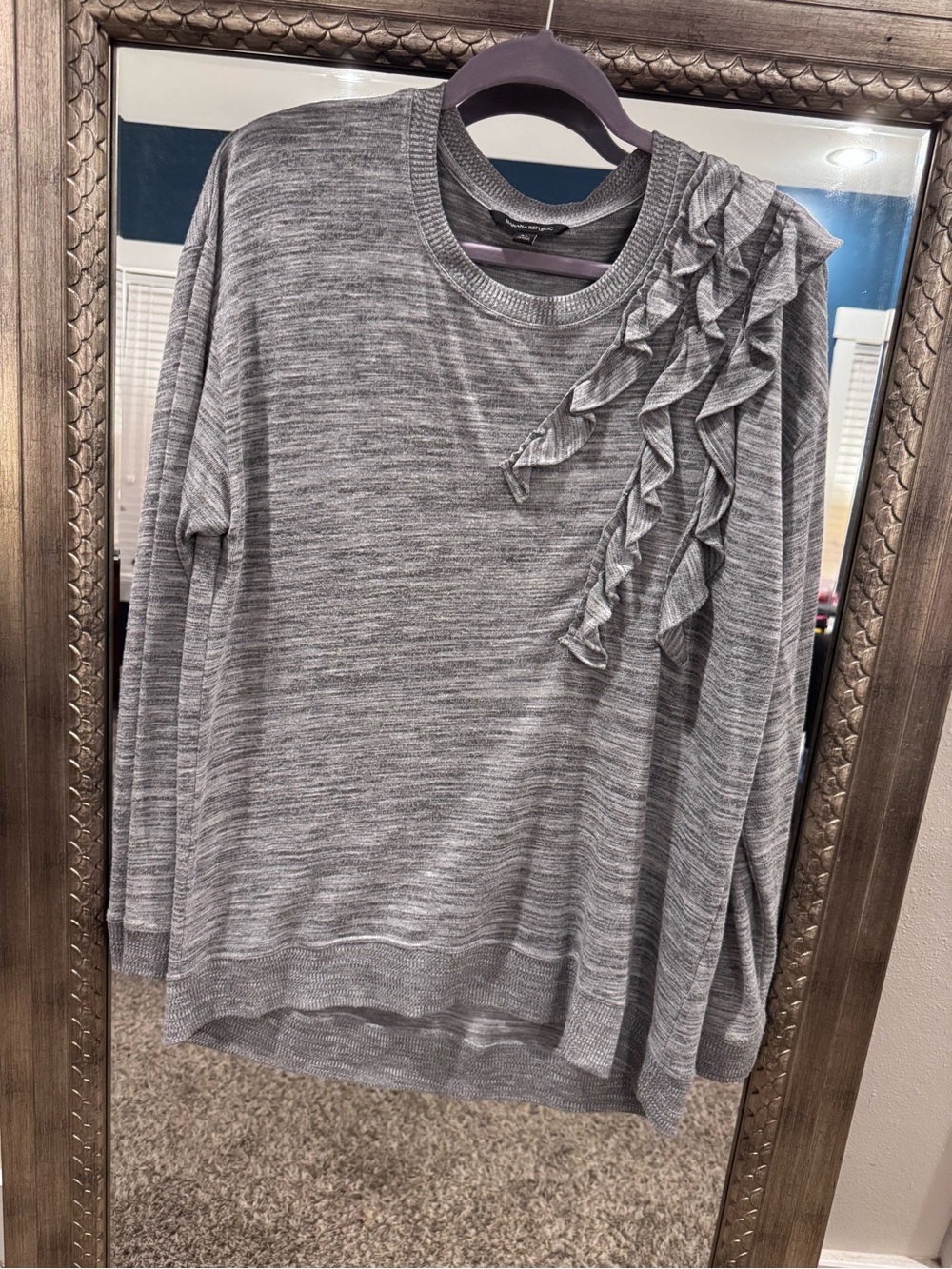 Banana Republic Gray Ruffle-Shoulder Crewneck Sweater
